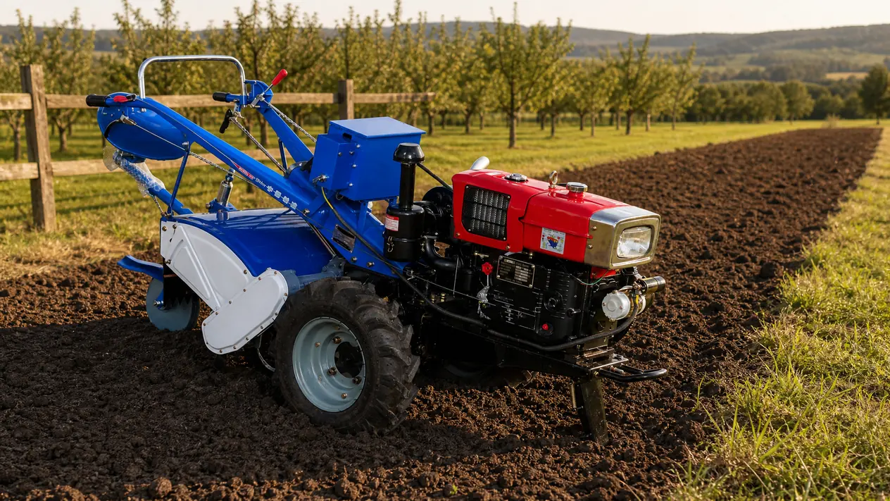 Walk-behind power tiller used for soil preparation.