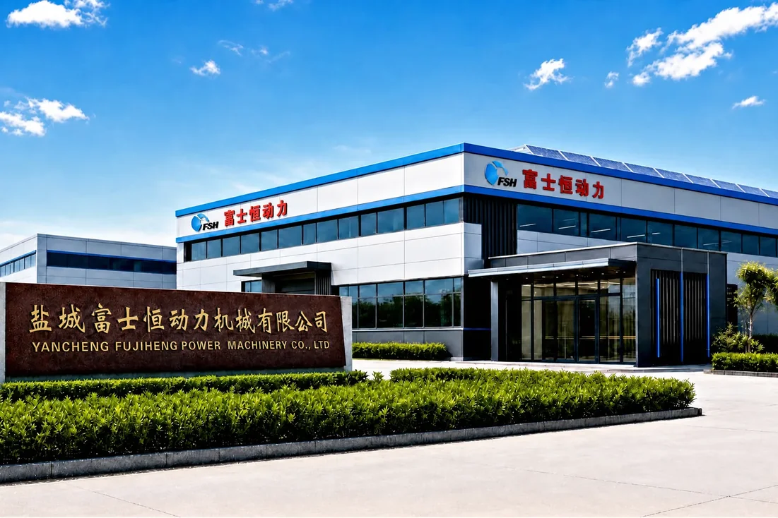 O prédio da fábrica Fujiheng e a placa de entrada em Yancheng.